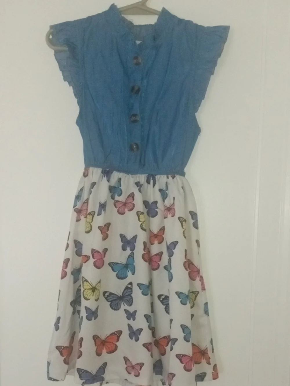 girl 5 dress blue top with butterfly print bottom